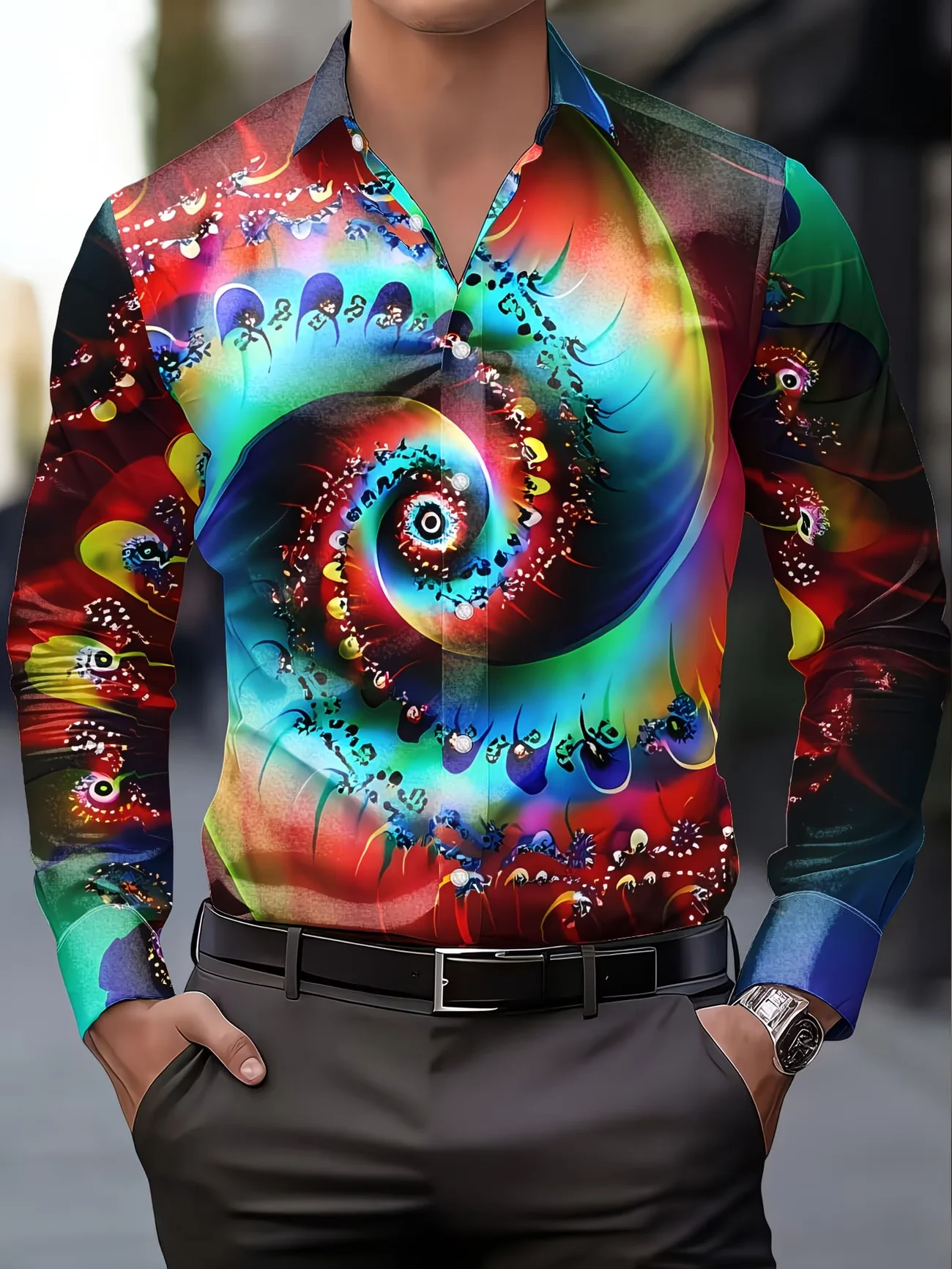 New Rainbow Spiral 3D Colorful Printed Men's Long Sleeve Shirt Trendy Brand Style Casual Flower Shirt