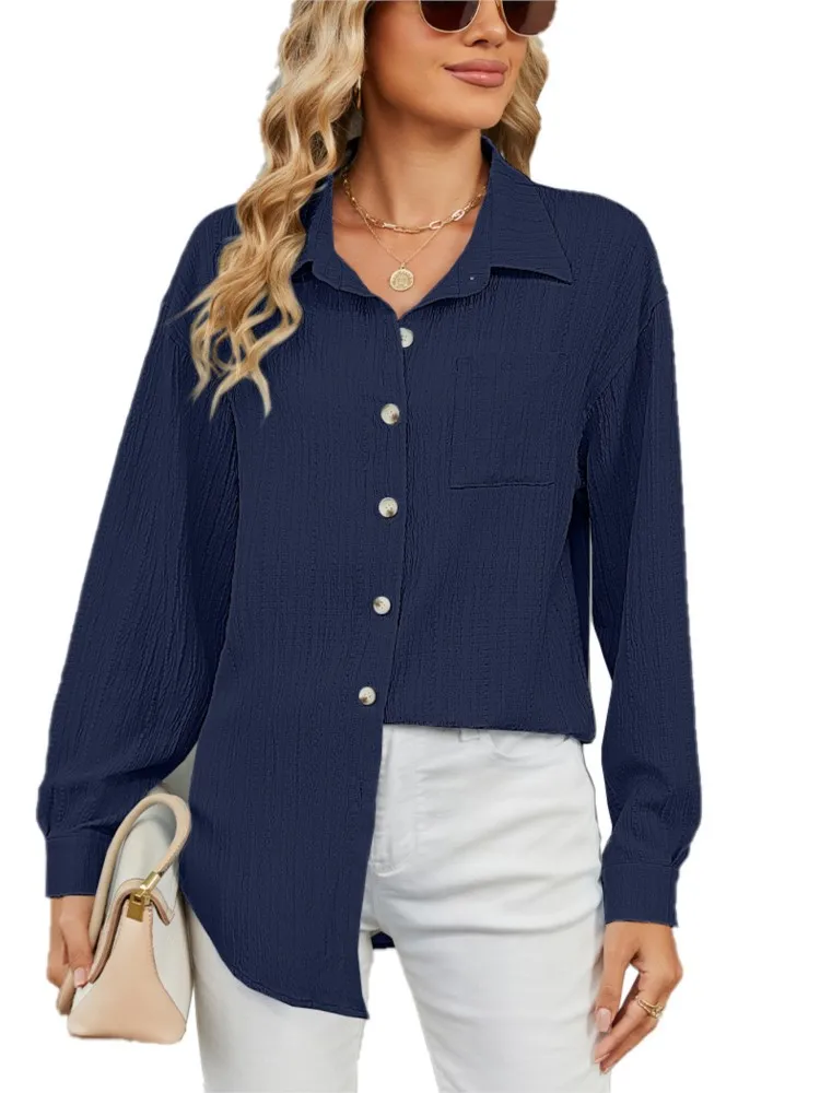 

Women's Casual Long Sleeve Lapel Button With Pocket Shirt Autumn New Elegant Office Lady Blouse Fashion Female Solid Color Shirt