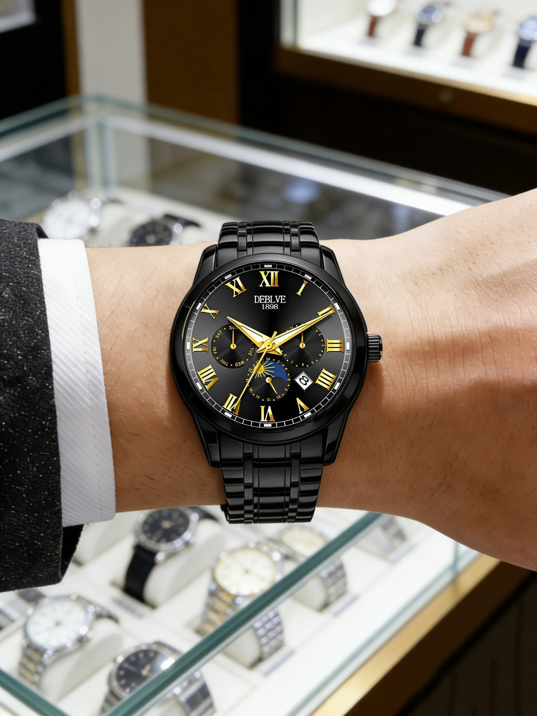 

Роскошные мужские часы-хронограф с золотым покрытием - функция фазы луны и даты, деловые наручные часы для официального и делового стиля