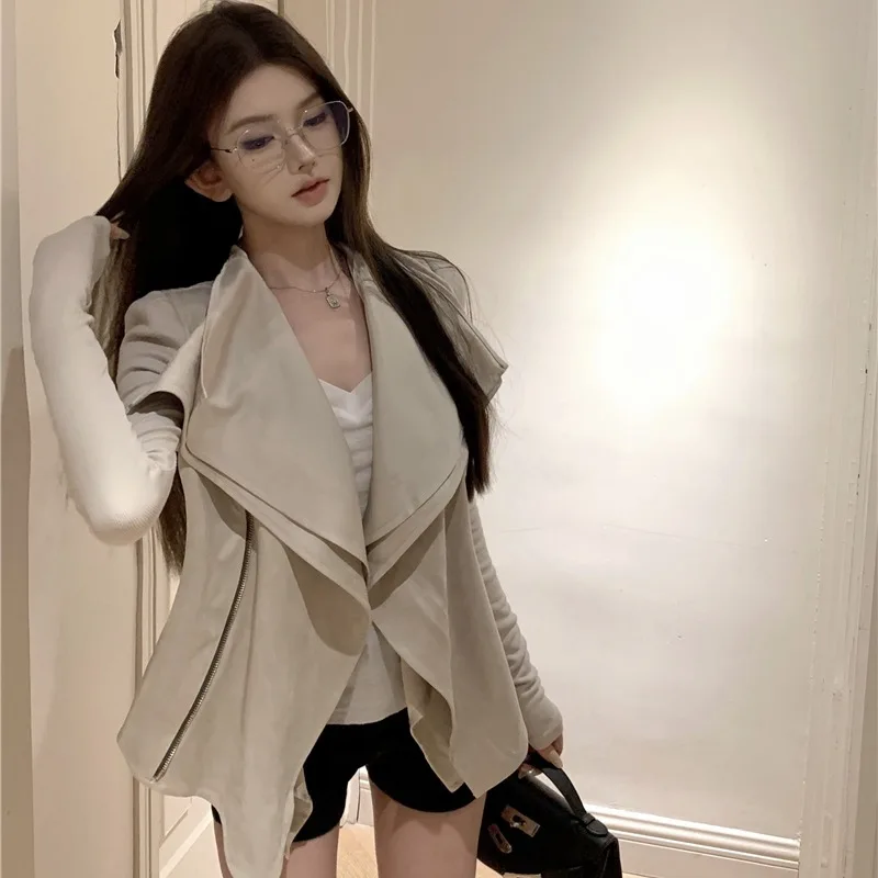 سترة نسائية ort Leather Jaet كورية Sle تناسب طويلة لخريف وشتاء جديد كسول علوي متأرجح من جلد الغزلان...