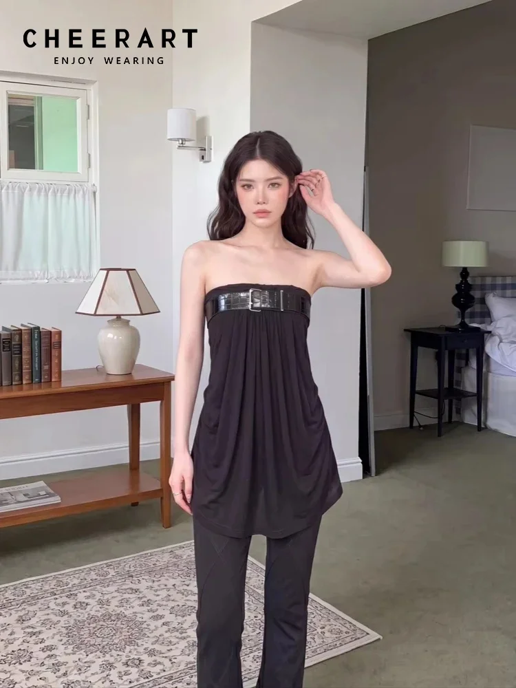 CHEERART Black Summer Tube Top For Woman 2026 Designer Y2k Strapless Cami Top With Belt Young Fashion Clothes