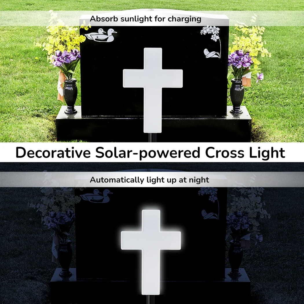 Solar-Powered Cross Light Grave Marker Cemetery Decor White LED Light Cross Garden Stake Light Outdoor Peaceful Lamp For Yards