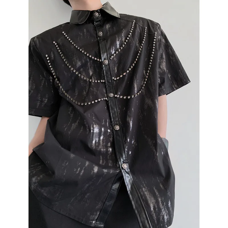 

2025 Autumn Chain Decoration Men's Black Shirt High Street Loose Casual Shirt Trend Nightclub Singer Stage Performance Shirts