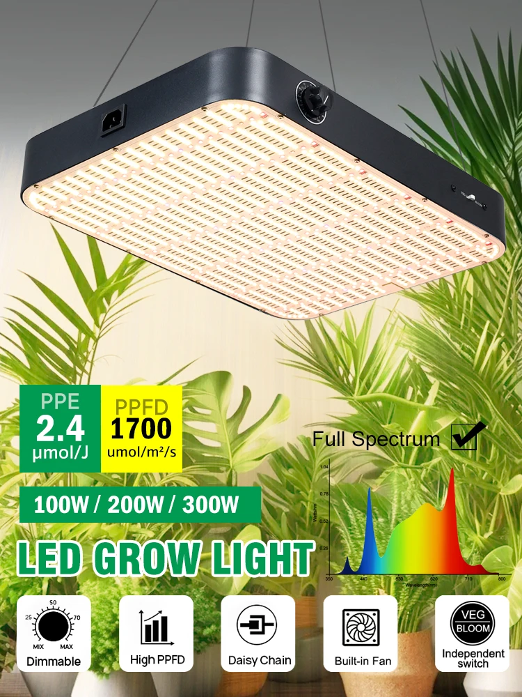 Shining Lighting Vollspektrum LED-Wachstumslampen 100W/200W/300W mit Eingebautem Lüfter Unabhängiger VEG-BLOOM-Schalter