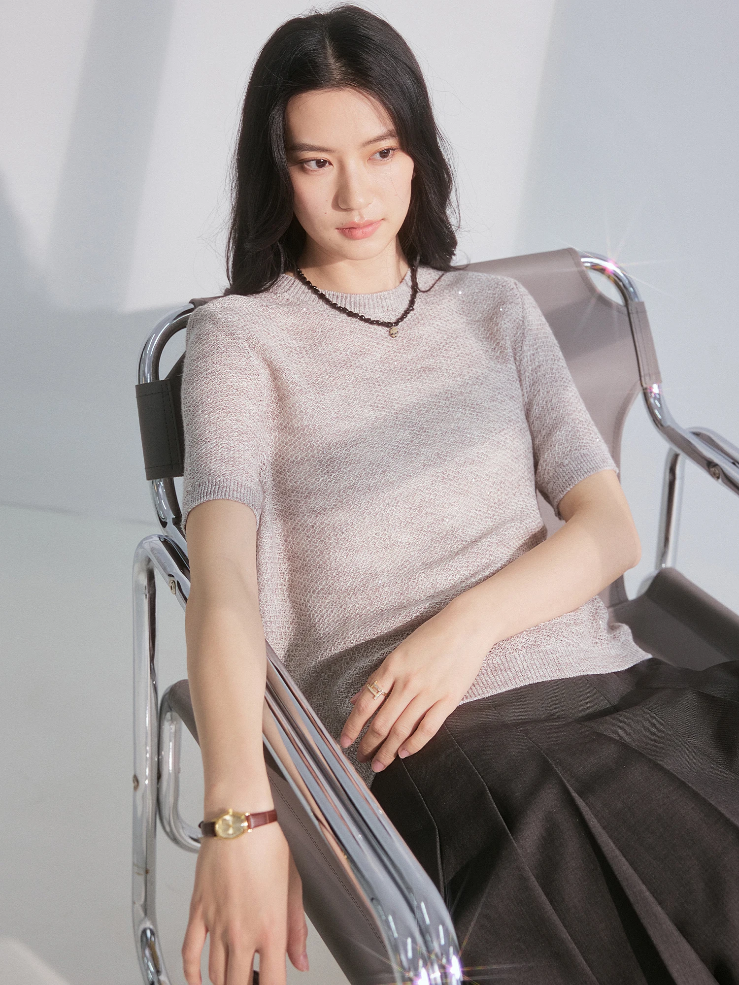 

Ele round Ne ort Sve Knitted Sweater Women's Casual Commute Top Bead Embellied Spring Summer New Arrival