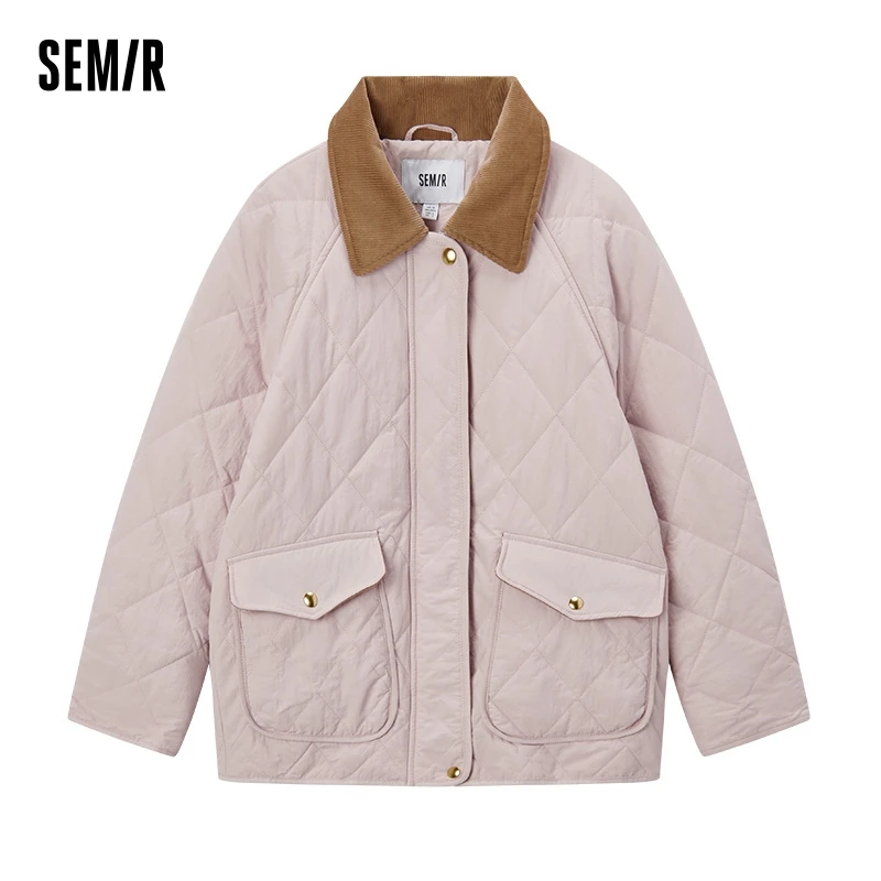 Semir Cotton Jacket Women Mid-Length Lightweight Loose Patchwork Lapel 2024 New Winter Rhombus Quilted Cotton Jacket