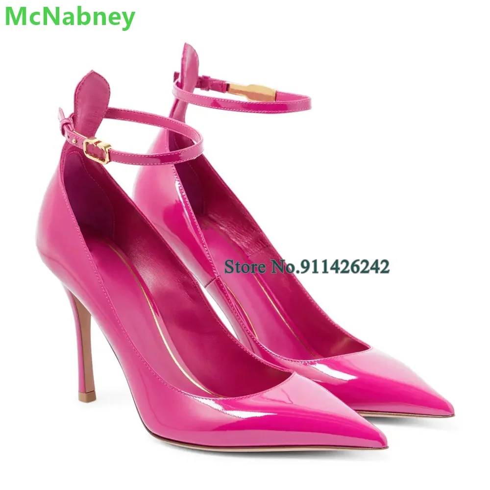 

Patent Leather Solid Ankle Strap Pumps For Female Women 2024 New Luxury Designer Pointed Toe Thin High Heel Fashion Party Shoes