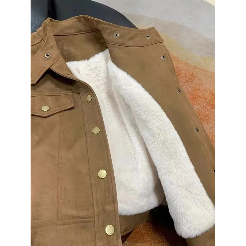 Women Cropped Suede Jacket Fleece Lined Snap Button Short Coat Long Sleeve Winter Warm Outerwear with Pocket Casual Streetwear