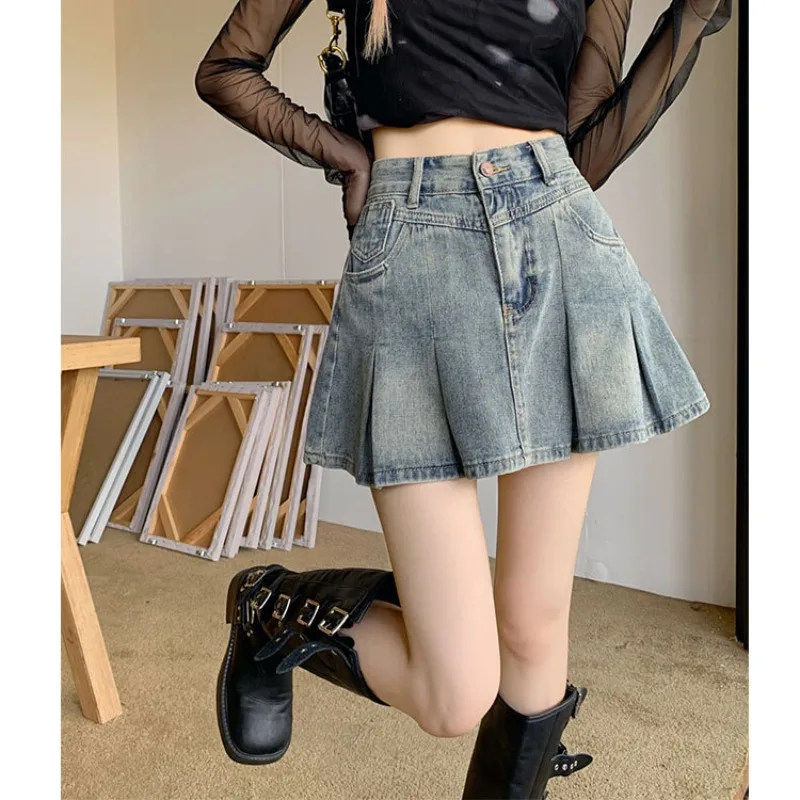 

Summer New Women Short Skirts Korean High-waisted Denim Pleated Short Skirts Women American Retro Spice Girls A-word Mini Skirts