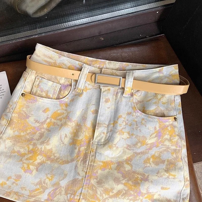 

2025 Streetwear Yellow Tie-dyed Denim Skirt Women's Sexy Short Jean Skirts A-line Sheath Skirts Girl Spring Summer Have-Lining
