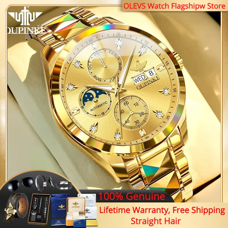 

OUPINKE 3298 Luxury All Automatic Men Mechanical Watch Men Waterproof Moon Phase Calendar Chronograph Brand Tungsten Steel Watch