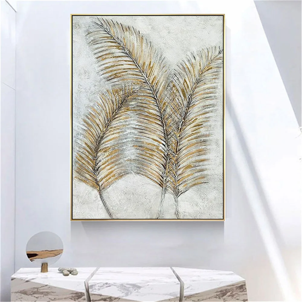 

High Quality Hand Painted Nordic Golden Palm Leaf Canvas Oil Painting Tree Leaf Wall Art Pictures For Living Room Decor Aisle