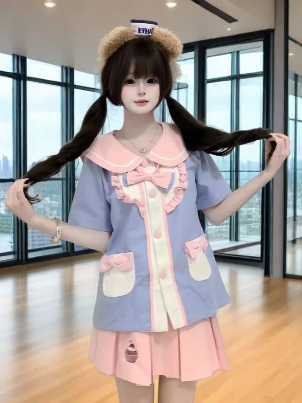 

Japanese Original Lolita Set Kawaii Exquisite Embroidered Short Skirt Bow Bud Lapel Top Chinese Daily JK Long Short-sleeved Set