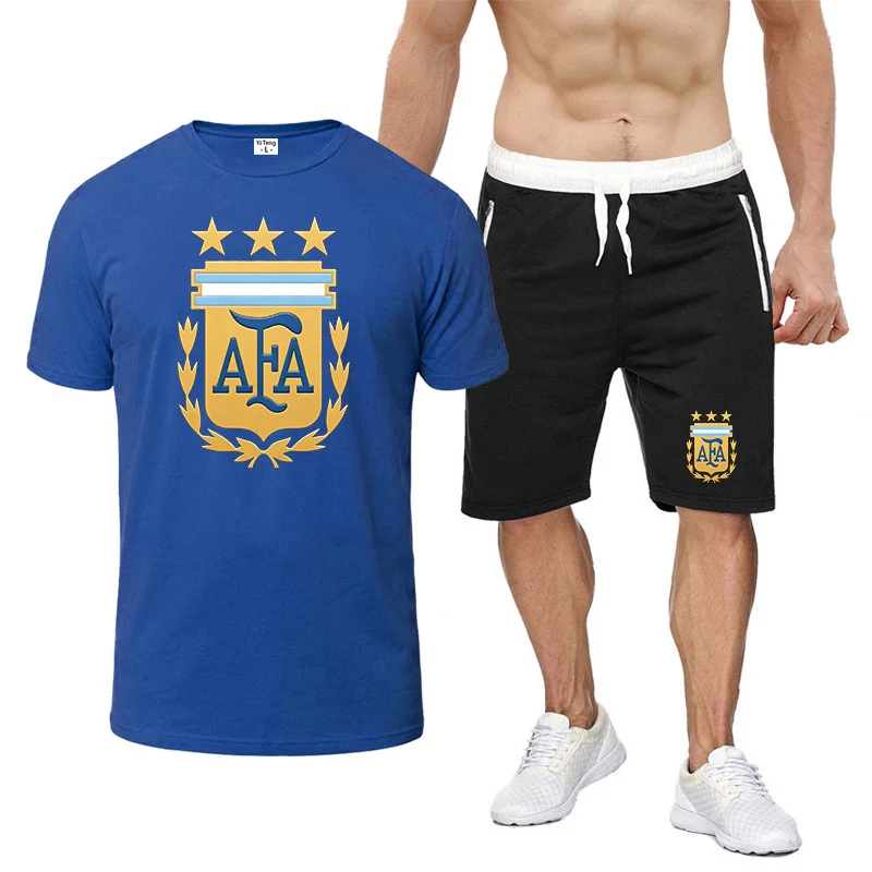 Argentina Summer Men's Fashion Simple Fitness Two-piece Fashion Short Sleeve and Shorts Sets Size Casual Sportswear T shirt view 3
