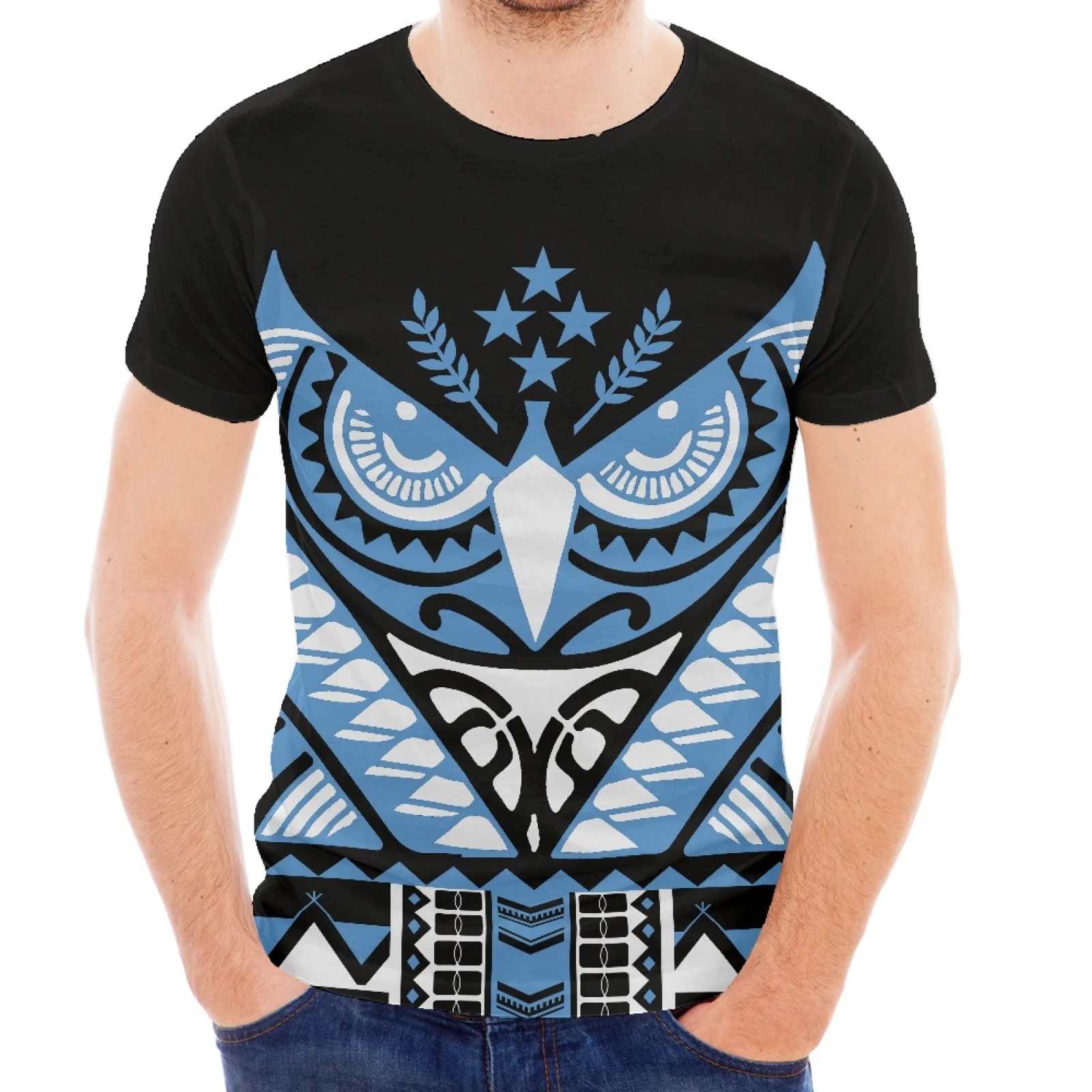 Summer 2022 Bohemian Owl Print European and American Slim Fit round Neck Short Sleeve T-Shirt Multicolor Versatile Men's Top