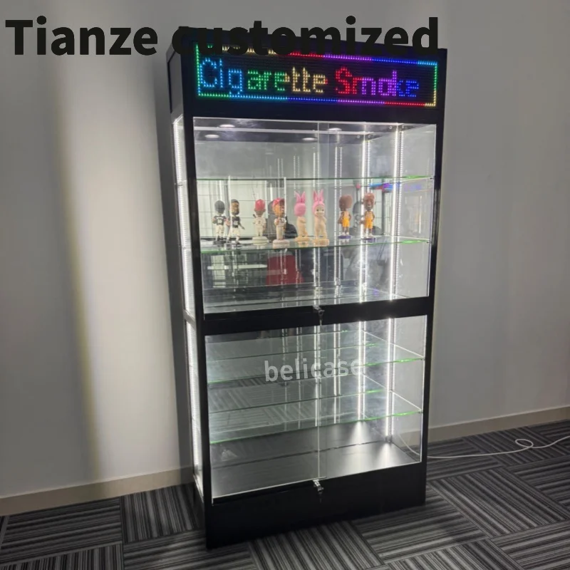 

Customized-Newest Smoke Shop Display Cases with Led Scroll Screen Glass Display Showcases Mirror Back Display Cabinet Smoke