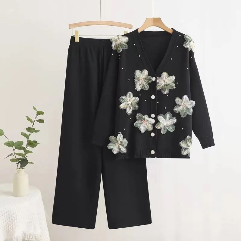

New Knitted Women's Tracksuit Fashion 3D Flower V-neck Long Sleeve Cardigan Top + Wide Leg Pants Solid Color Two Piece Set