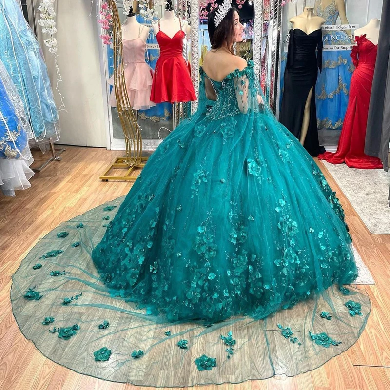 فستان Quinceanera أخضر زمردي مع قبعة ، ثوب كرة مطرز ، زهور ثلاثية الأبعاد ، أميرة مكسيكية ، فستان حلو 16 ، عيد ميلاد ، TQD007