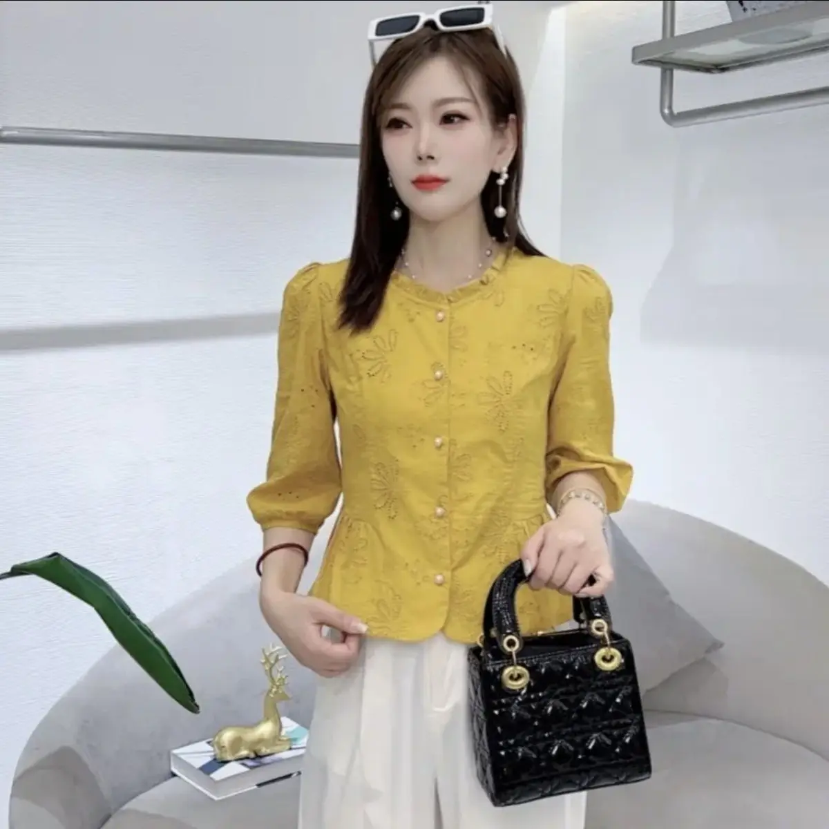 

Chic Ruffle Collar irt Women Early Autumn New Sle Slimming Versatile Top French Sle Loose Fit Seven Sve Thin Polyester