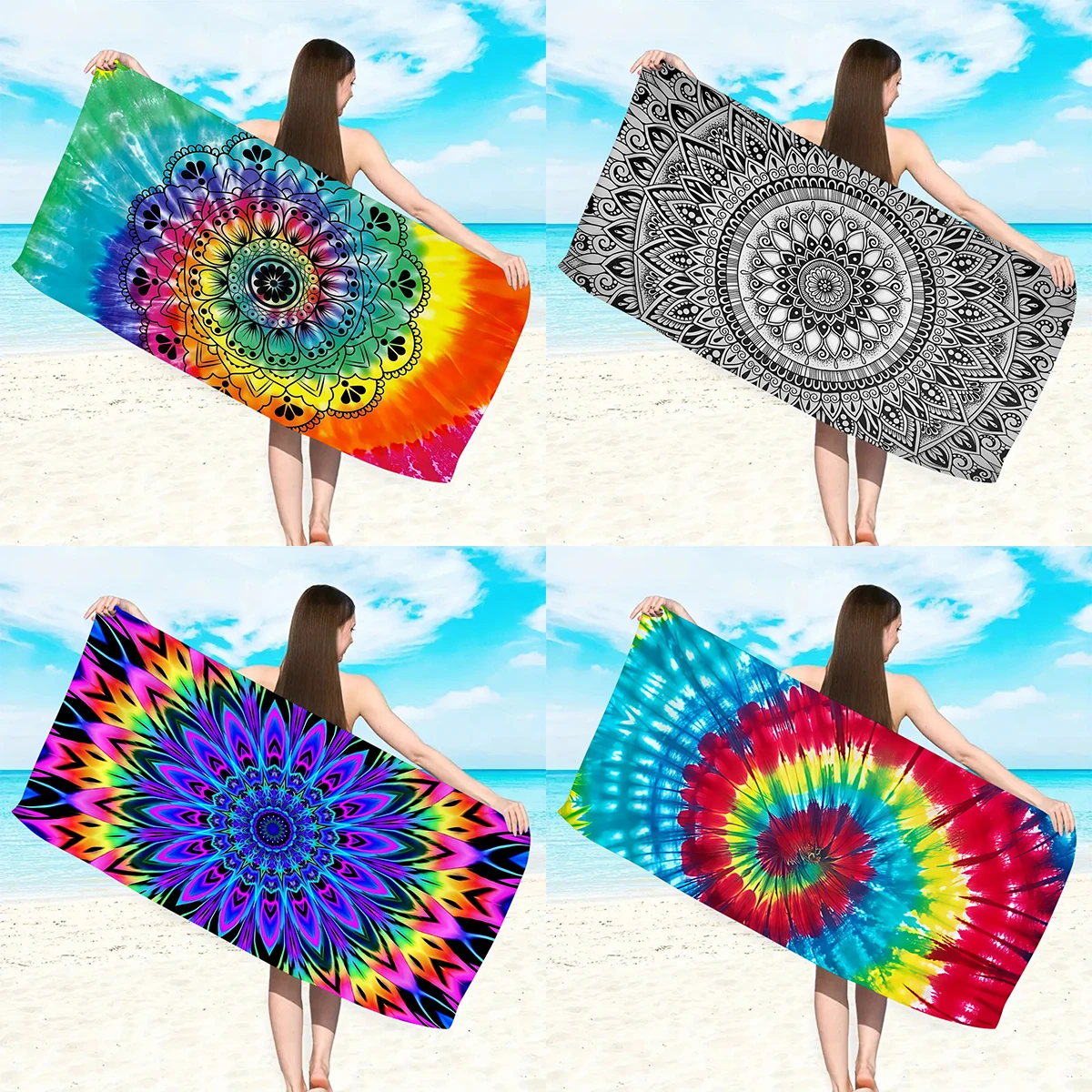 Beach Towels Large Beach Towels Large Luxury 1pc Ultra fine fiber colored mandala printed beach towel, Bohemian quick drying