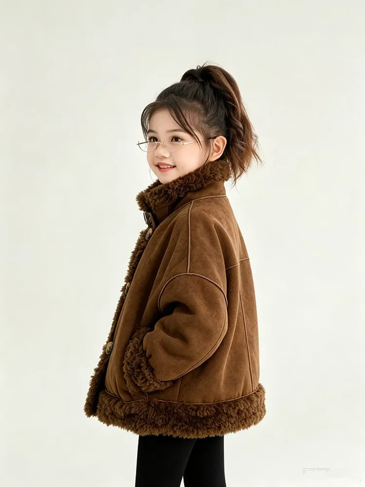 Mädchen Stehkragen Shearling-Mantel 2025 Neue Kinder-Kombinations-Lammwoll-Wildleder-Kurz-Motorradjacke Winter Warme Kinder-Oberbekleidung – Detail 6
