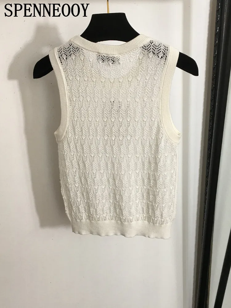 SPENNEOOY Fashion Runway Summer White Color Thin Style Camisole Women\'s O-Neck Sleeveless Loose Hollow Out Knitting Sweaters