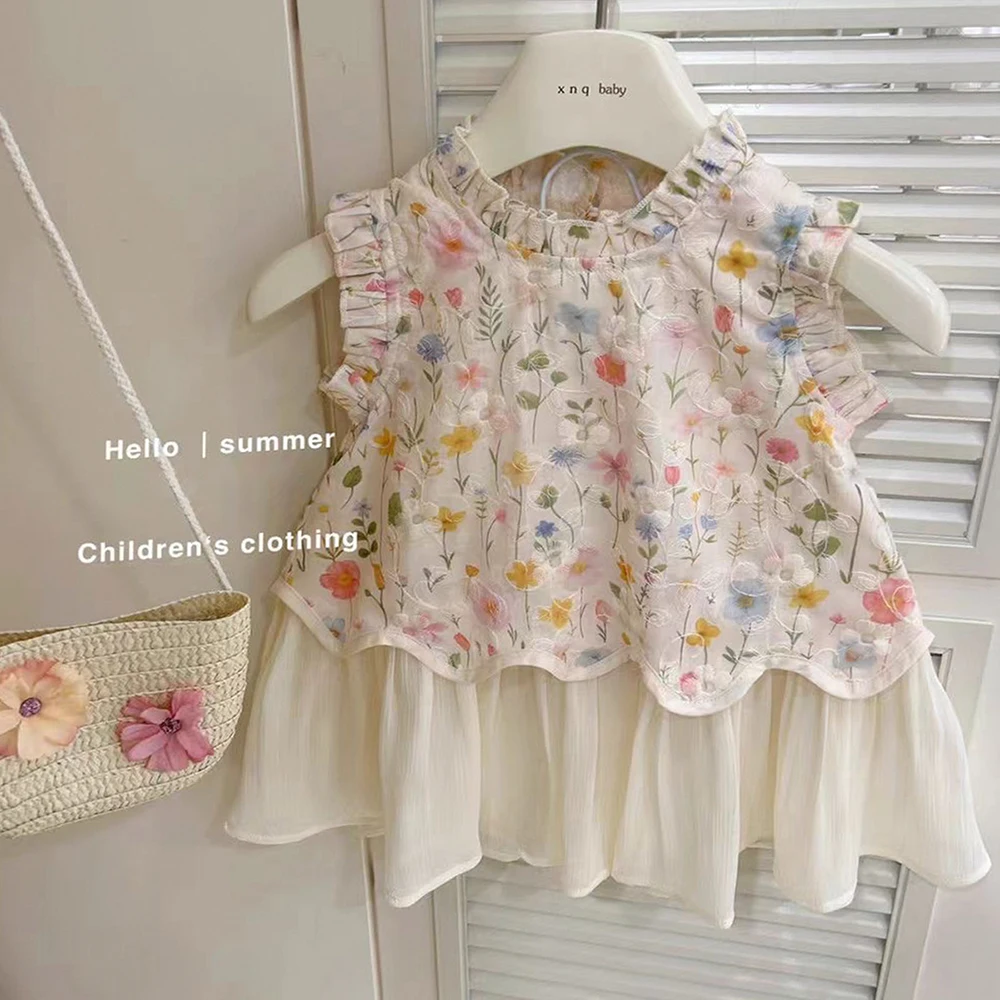 Kids Floral Dress Summer Ruffles Collar Sleeveless Layered Hem Princess Dresses for Girls Baby Birthday Party Dress 2026 New
