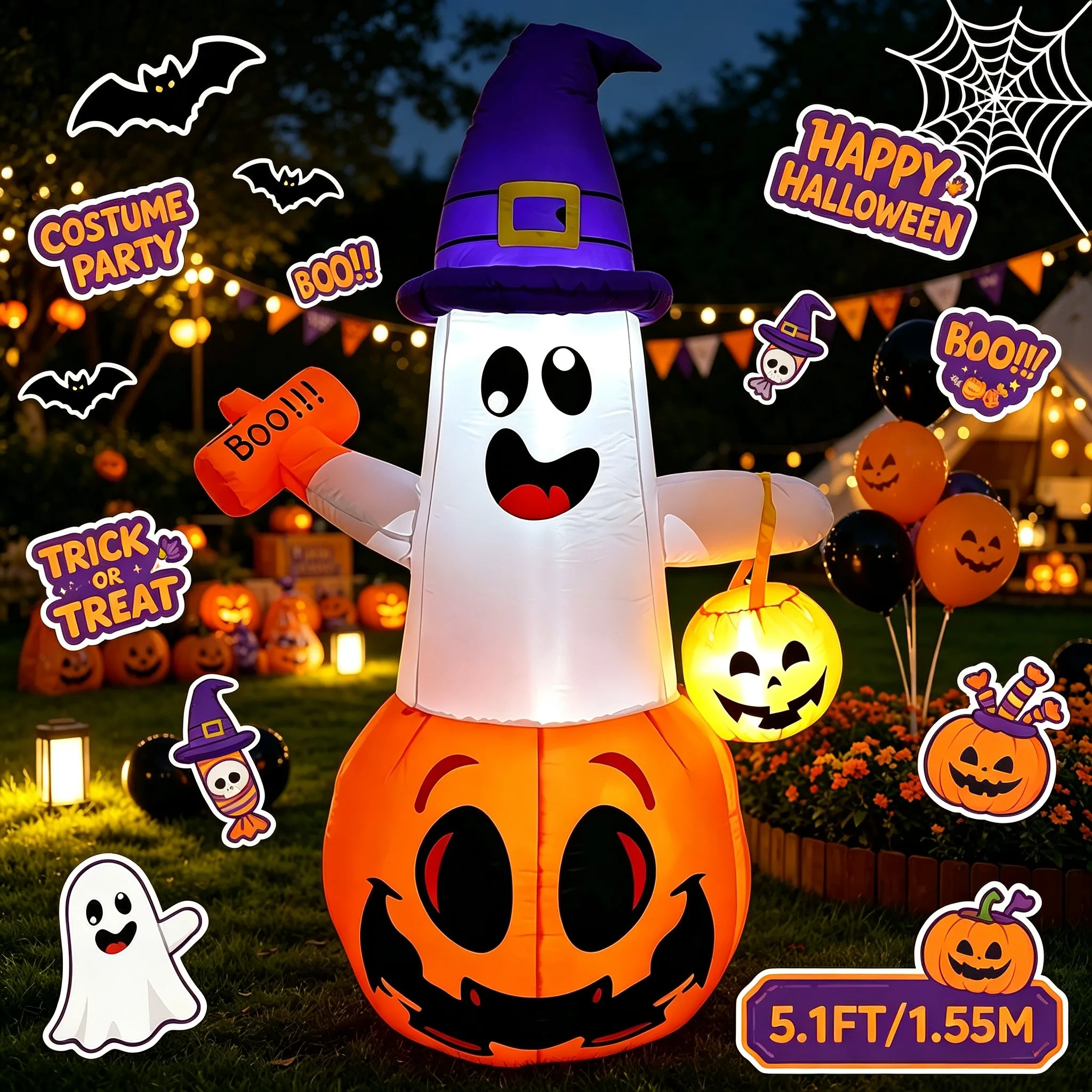 Halloween Ghost Witch Hat Pumpkin Inflatable Toys LED Light Outdoor Yard Lawn Garden Holiday Decoration