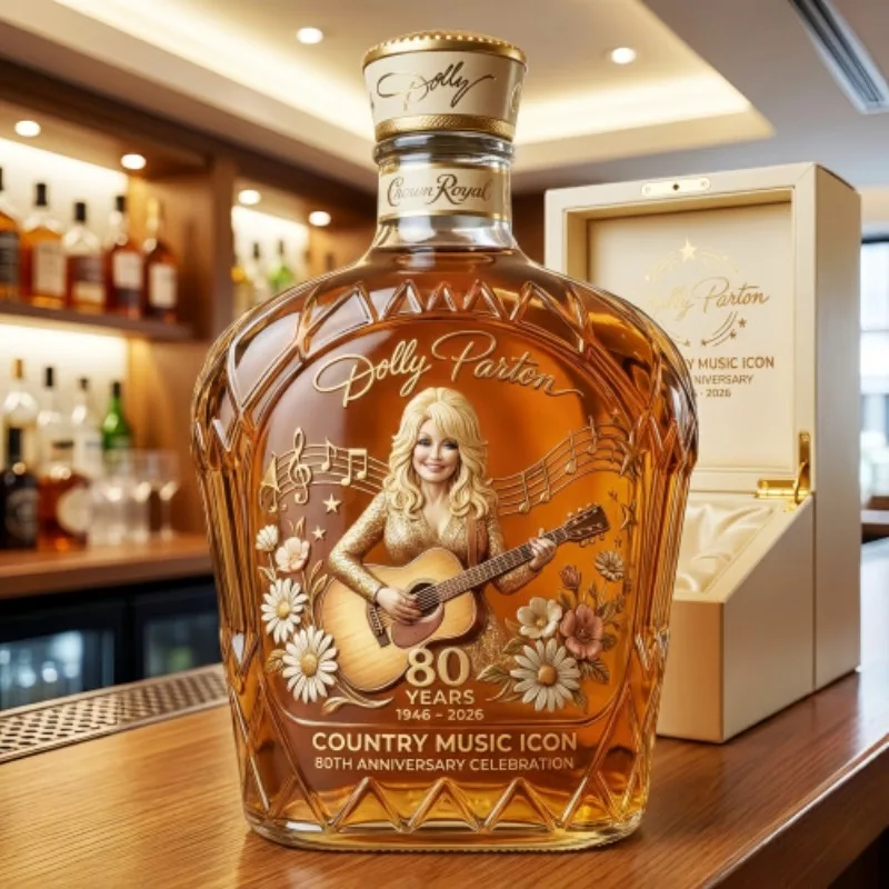 Dolly Parton Premium Country Music Themed Whiskey Decanter, Handcrafted Clear Glass Liquor Bottle with Guitar & Floral Relief view 2