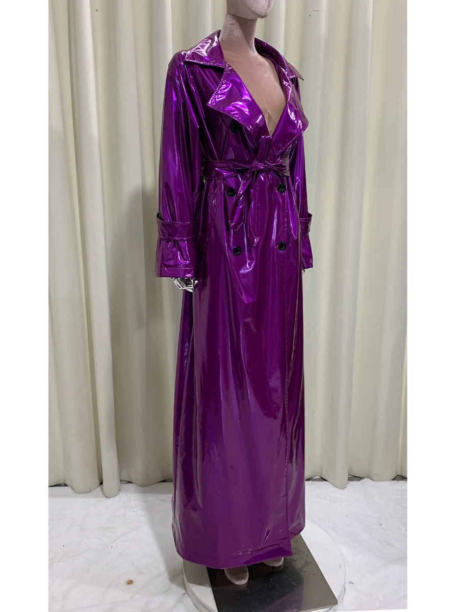 Spring Autumn Extra Long Shiny Reflective Soft Thin Bright Purple Faux Leather Coat Women Luxury Designer Floor Length Clothes