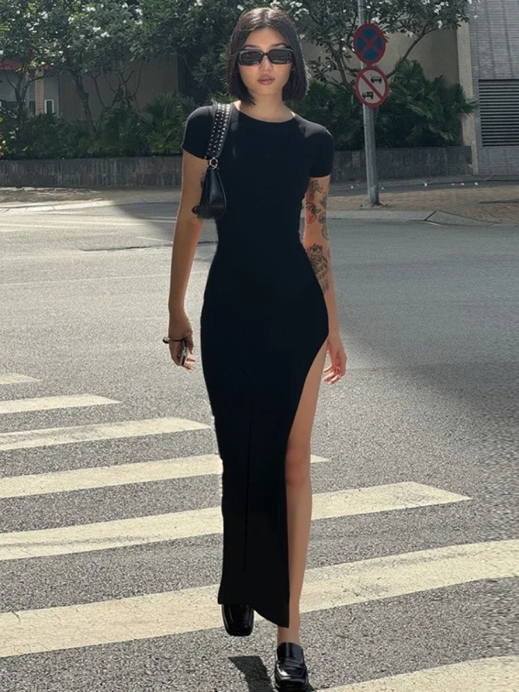 

Woman Clothes Summer Solid Black Long Dress Streetwear Y2K 2025 Office Lady O-neck Short Sleeve High Slit Slim T-shirt Dresses