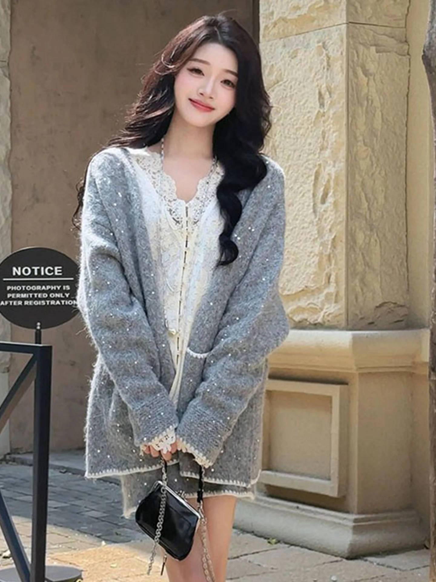 

New Year's Glitter Outerwear And Lace Patchwork Top A-Line Skirt Set Women's Luxury Spring Faion Two-Piece Suit