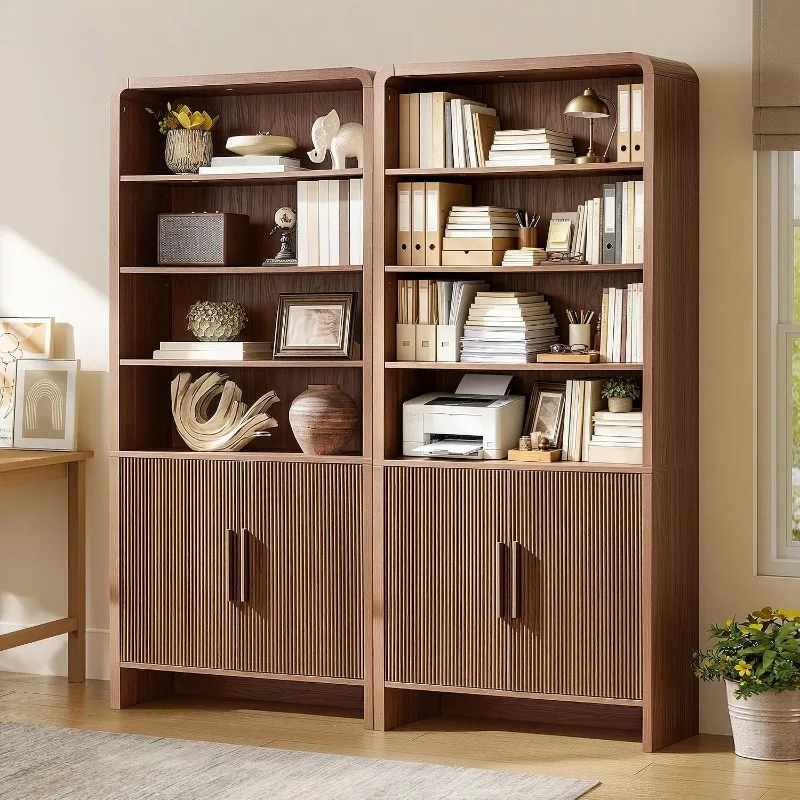 AMERLIFE Modern Bookcase with Storage Cabinet 3 Adjustable Shelves & Fluted Doors, Wood Curved Display Cabinet for Living Room