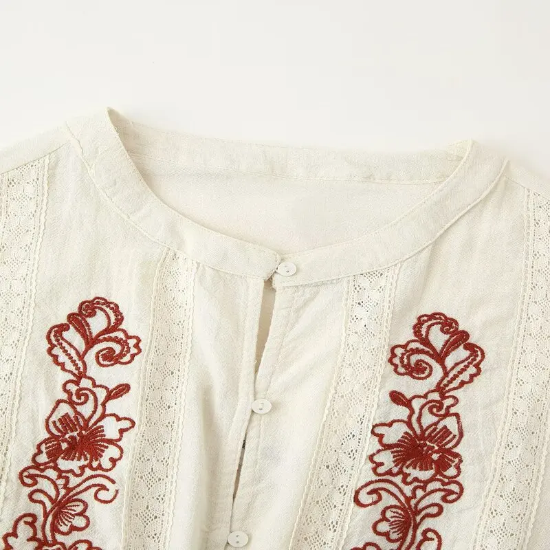 

Summer 2025 New Women's Long Sve round Ne Embroidered irt Design Sense with Decorative Buttons Loose Fit Versatile Sle