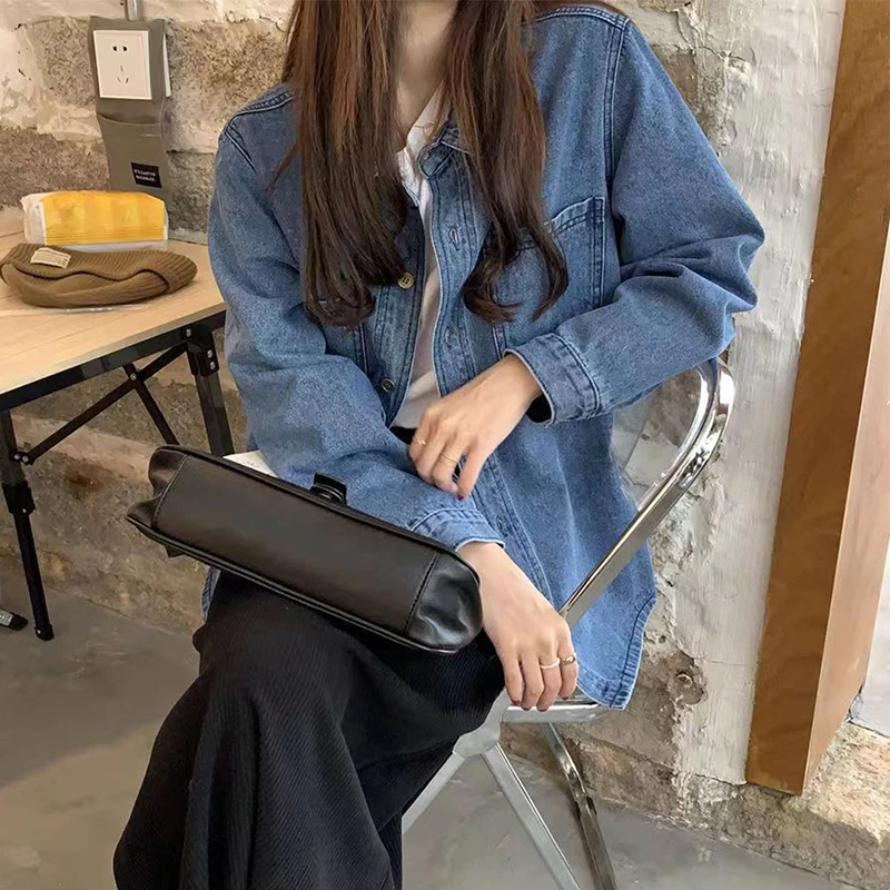 

2023 New Spring Korean Pocket Fashion Vintage Single-breasted Simple Loose Appear Thin Classics All-match Denim Shirt Tops Z175