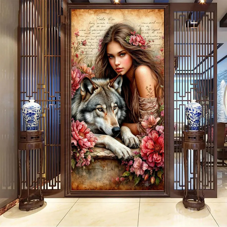 

Woman and Wolf Picture Large Size Diy Diamond Arts Painting Animals Full Square Round Drill Mosaic Embroidery Kits Wall Decor