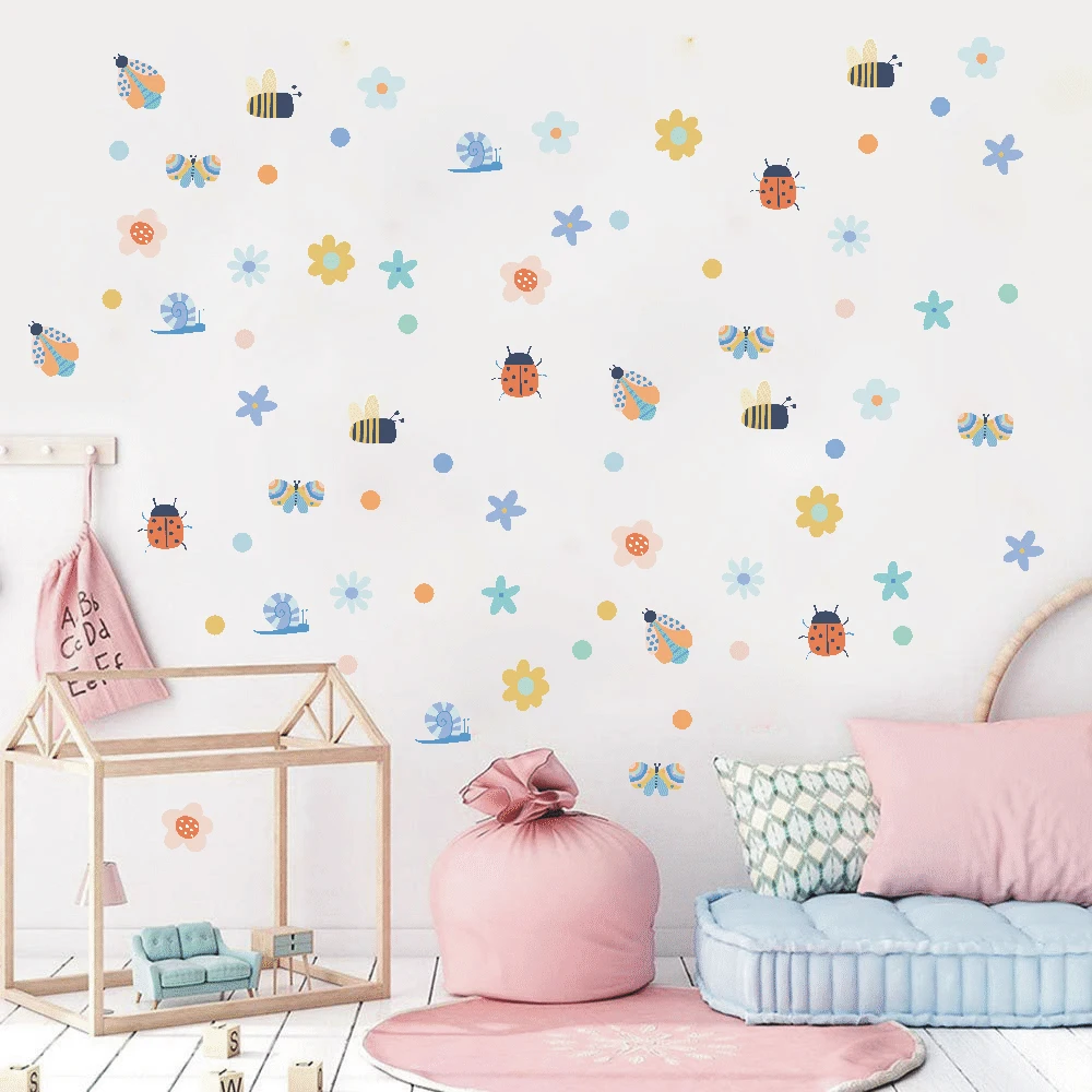 Cartoon Butterfly & Insect Wall Stickers Bedroom Playroom Whimsical Garden Creatures Nature Themed Wall Decals Living Room Decor
