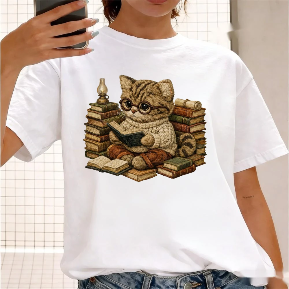 

The Cat Reading A Book Retro Style Tshirt Funny Cat Shirt Gift for Book Lovers Cat Moms Unique Casual Apparel Women Cotton Tops