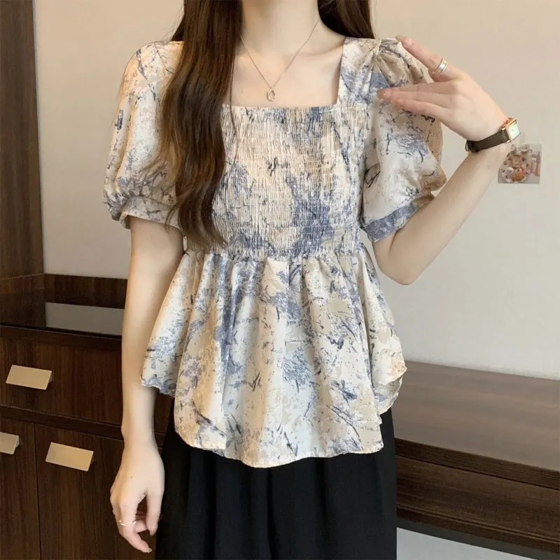 French Style Square Collar Blouse Female Clothing Sweet Broken Flowers 2024 Summer Slim Fashion Folds Casual Short Sleeve Shirt