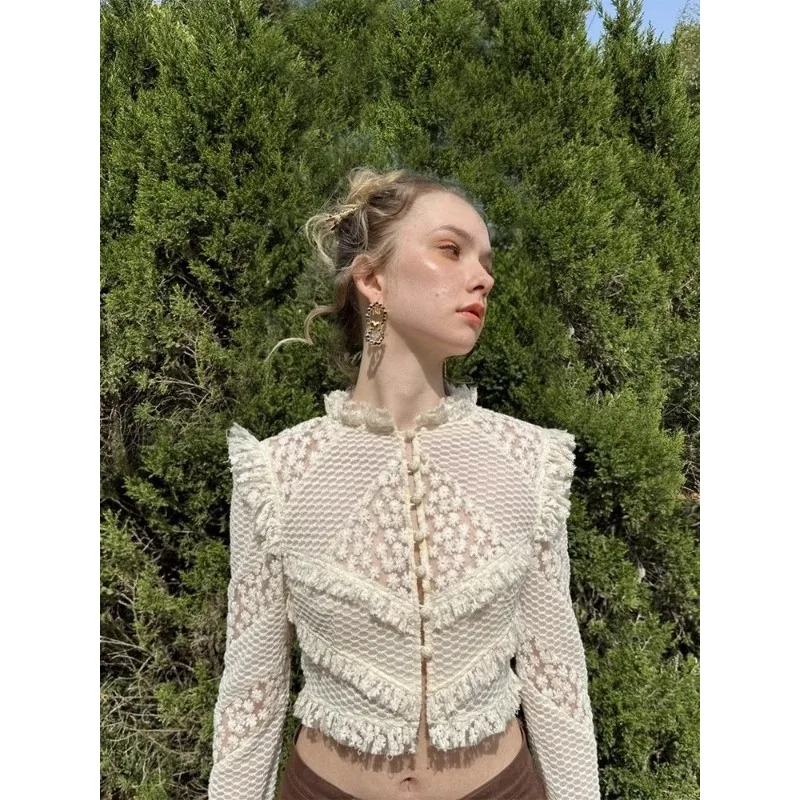 

Women's Clothing Short Blouse Embroidery Lace Crochet Shirt Long Sleeves Autumn New Charm Socialite Versatile Tops