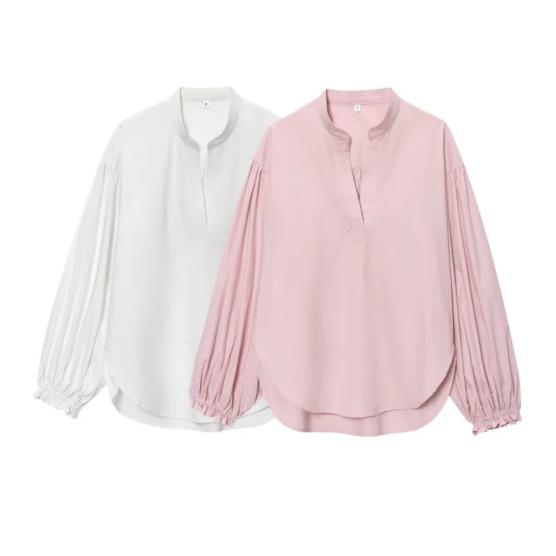 

TRAFZR Summer Shirt Tops Woman 2025 Pleated Puffed Sleeve Women's Elegant Pink Top Oversized Long Shirts Female Blouse Vintage