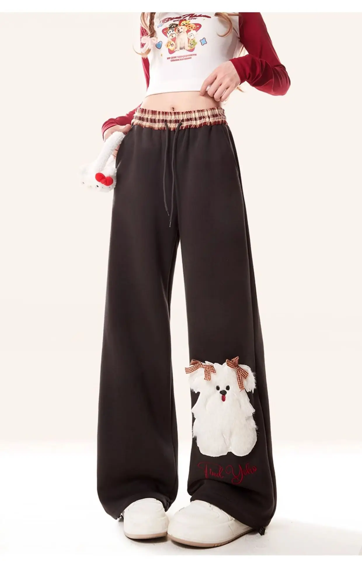 

2024 Autumn New Women's Trousers Fashion Sweet Style Cute Dog Straight Leg Pants Black Wide Leg Loose BF Lazy Style Sports Pants