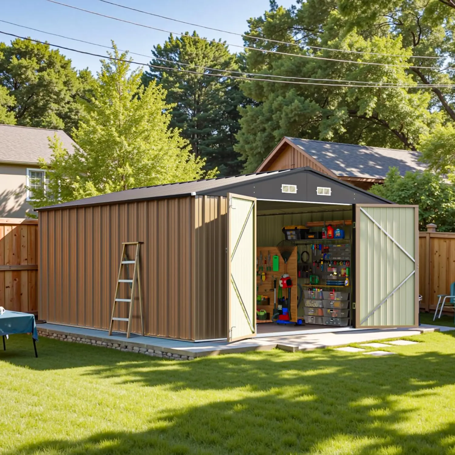 10 X 12 FT Metal Storage Shed for Outdoor Steel Yard Shed with Design of Lockable Doors Outside Use Brown