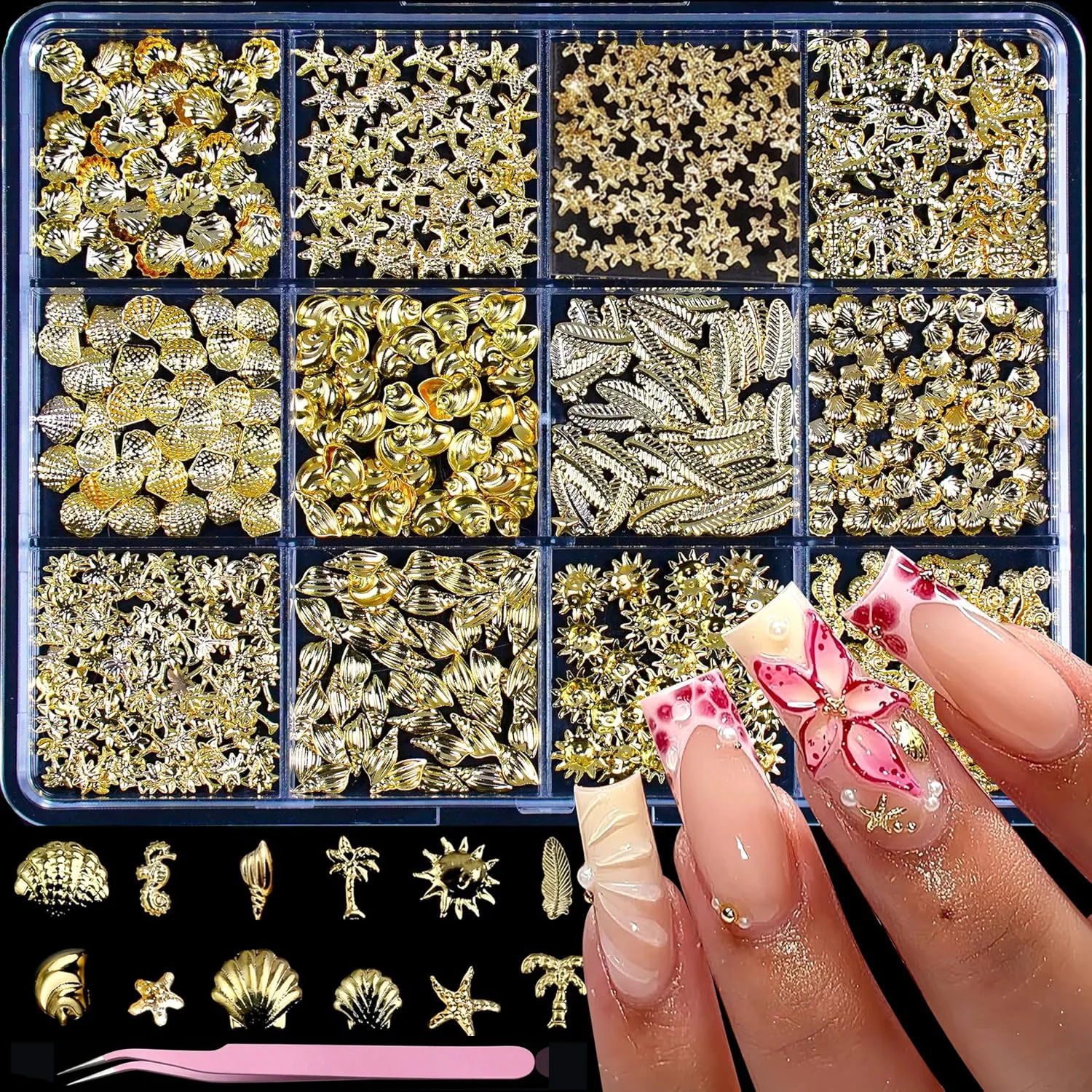 12Grids 3D Golden Marine Shell Starfish Nail Charms Conch Turtle Sun Metallic Nails Studs for Summer Beach Manicure Decorations