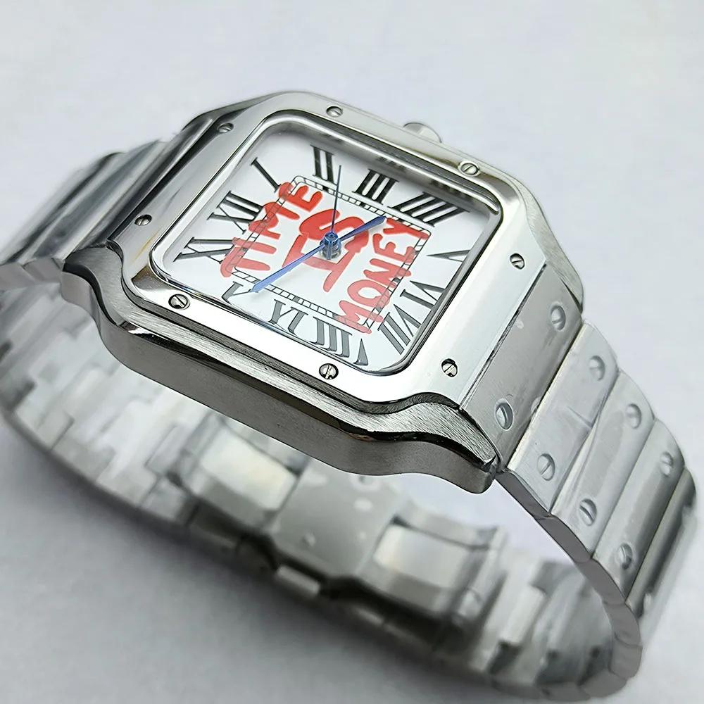 นาฬิกาข้อมือผู้ชาย New NH35 รุ่น Time is Money หน้าปัดทรงสี่เหลี่ยมแบบโรมัน ขนาด 38 มม. ตัวเรือนสแตนเลส นาฬิกา Santos กลไก NH35