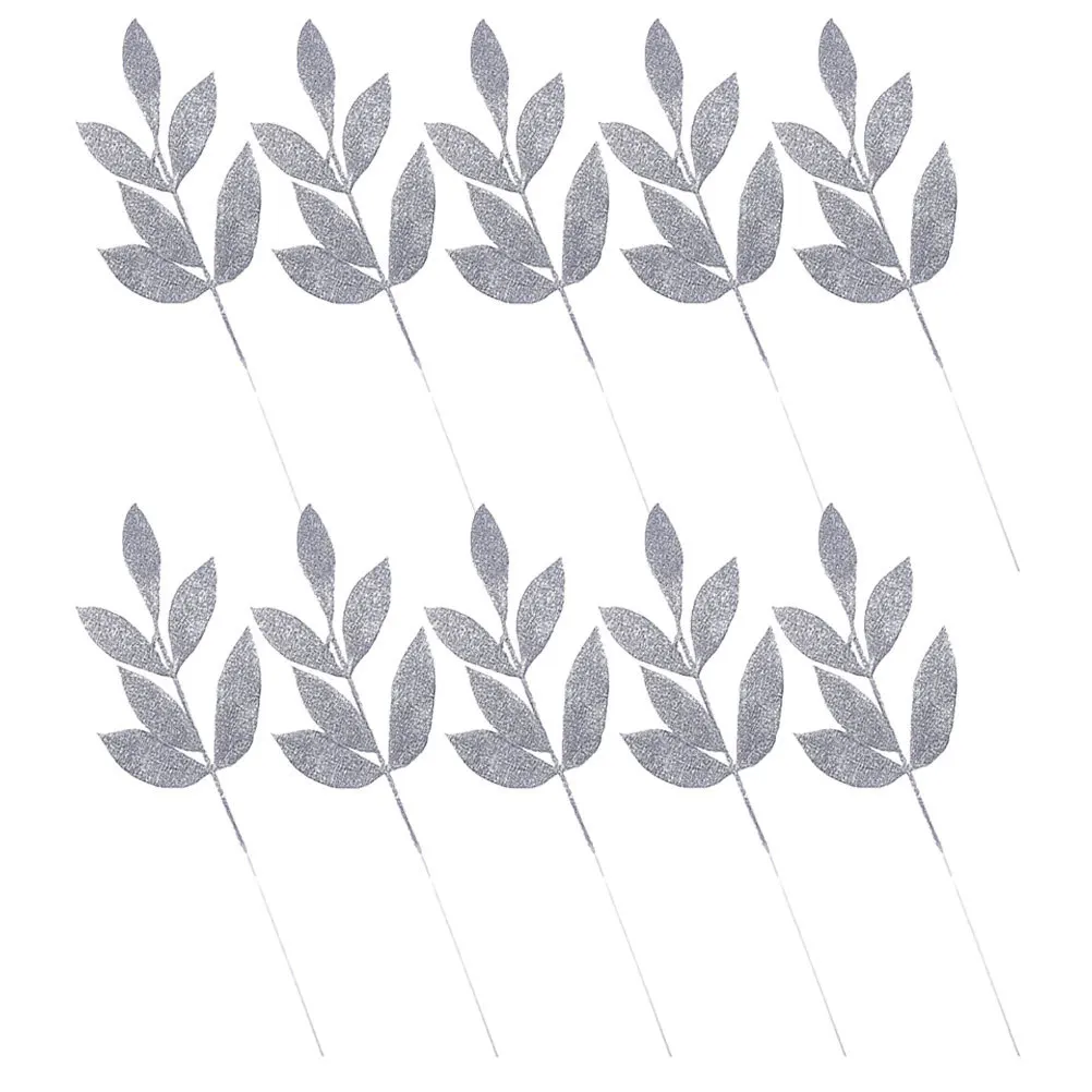

10pcs Christmas Tree Wreath Decor Glitter Leaves Pick Artificial Floral Arrangement For Diy Xmas Party Home Mall Decoration