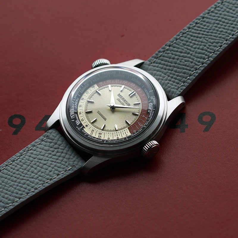 ساعة Merkur World Time للرجال ميكانيكية ريترو للرجال جلد مقاوم للماء 38 ملم Reloj Hombre