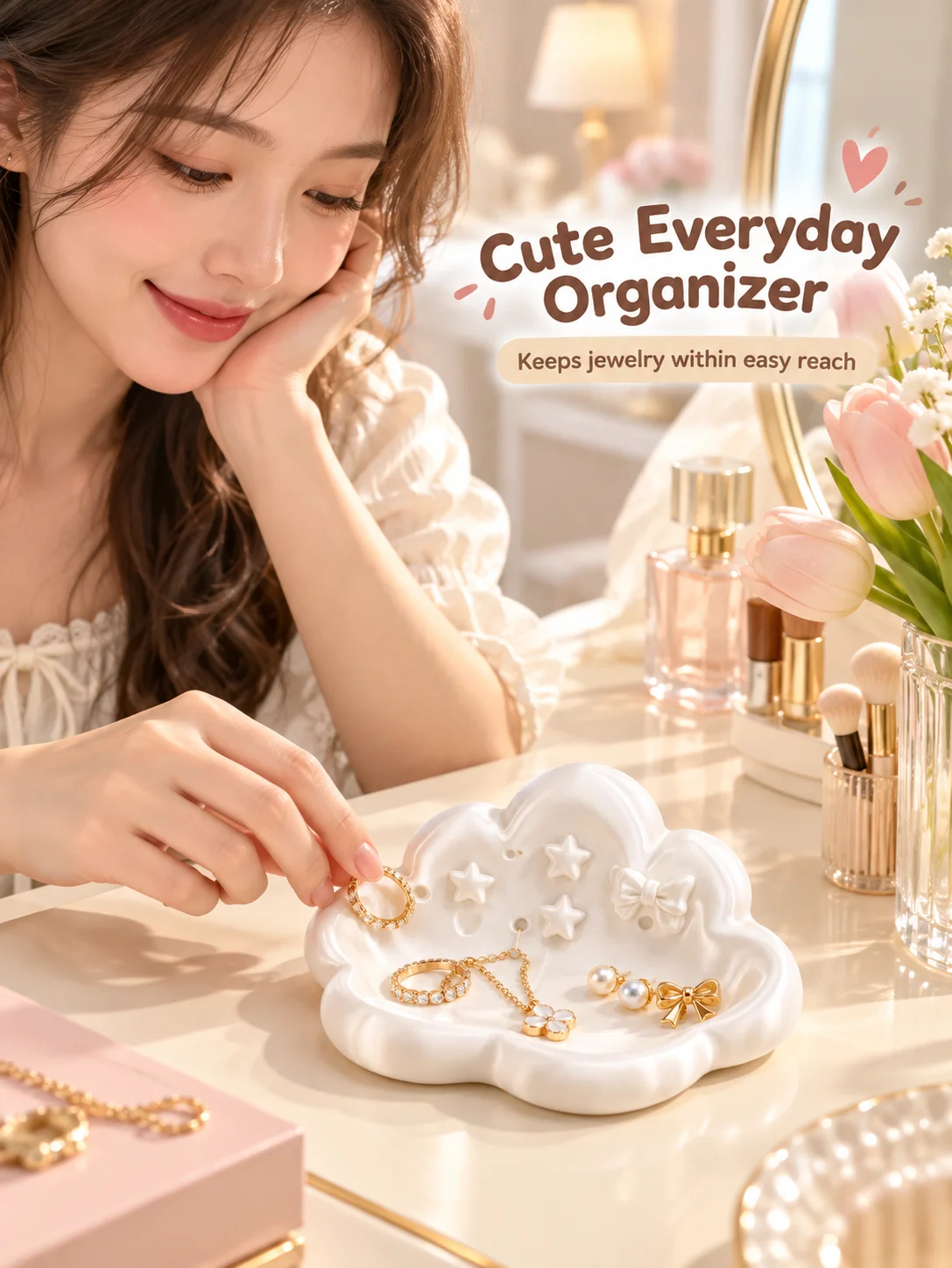 Cloud-Shaped Desktop Storage Box for Small Items, 3D Printed White Petg Pearlescent Texture Jewelry Tray, Star and Bow Embossed Ring, Earring, and Necklace Storage Rack, Dressing Table Hairpin and Bracelet Organizer Tray, Elegant Girly Style Romantic Home Decor Tray, Multi-Functional Storage and Display, Convenient for Storing and Retrieving Small Items, Smooth Surface, Easy to Clean, Anti-Drop, Lightweight, Suitable for Bedside, Bathroom, and Office Desk