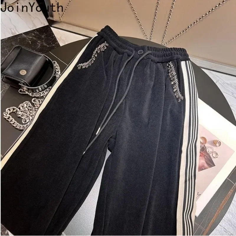 Casual Sweatpants Women 2023 New Bottoms High Waist Straight Trousers Diamond Y2k Wide Leg Pants Casual Fashion Pantalon Femme