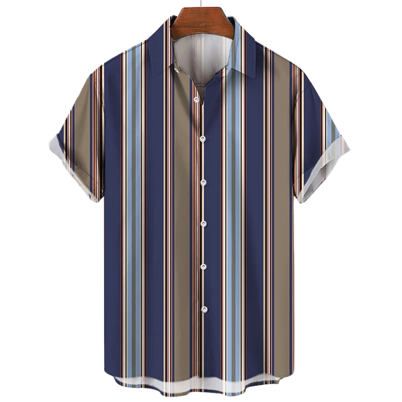 Camisas gráficas de rayas geométricas simples para hombres, camisas y blusas de vacaciones de moda, blusa de solapa informal, ropa de calle, Tops